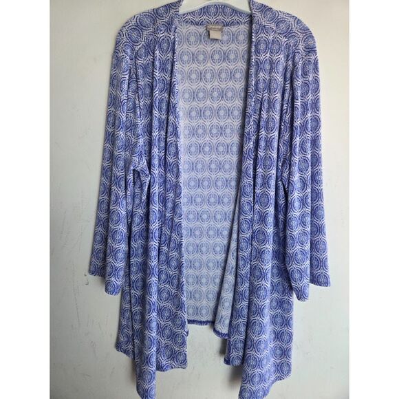 Chico's Blue White Tapestry Print Jersey Knit Open Front Tunic Cardigan size 18 - Picture 1 of 6